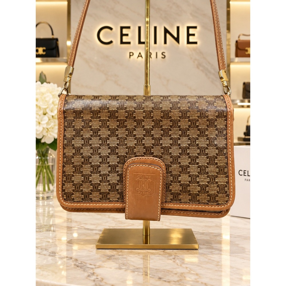 Celine Vintage Macadam Triomphe Canvas Crossbody Bag Brown Leather COA included